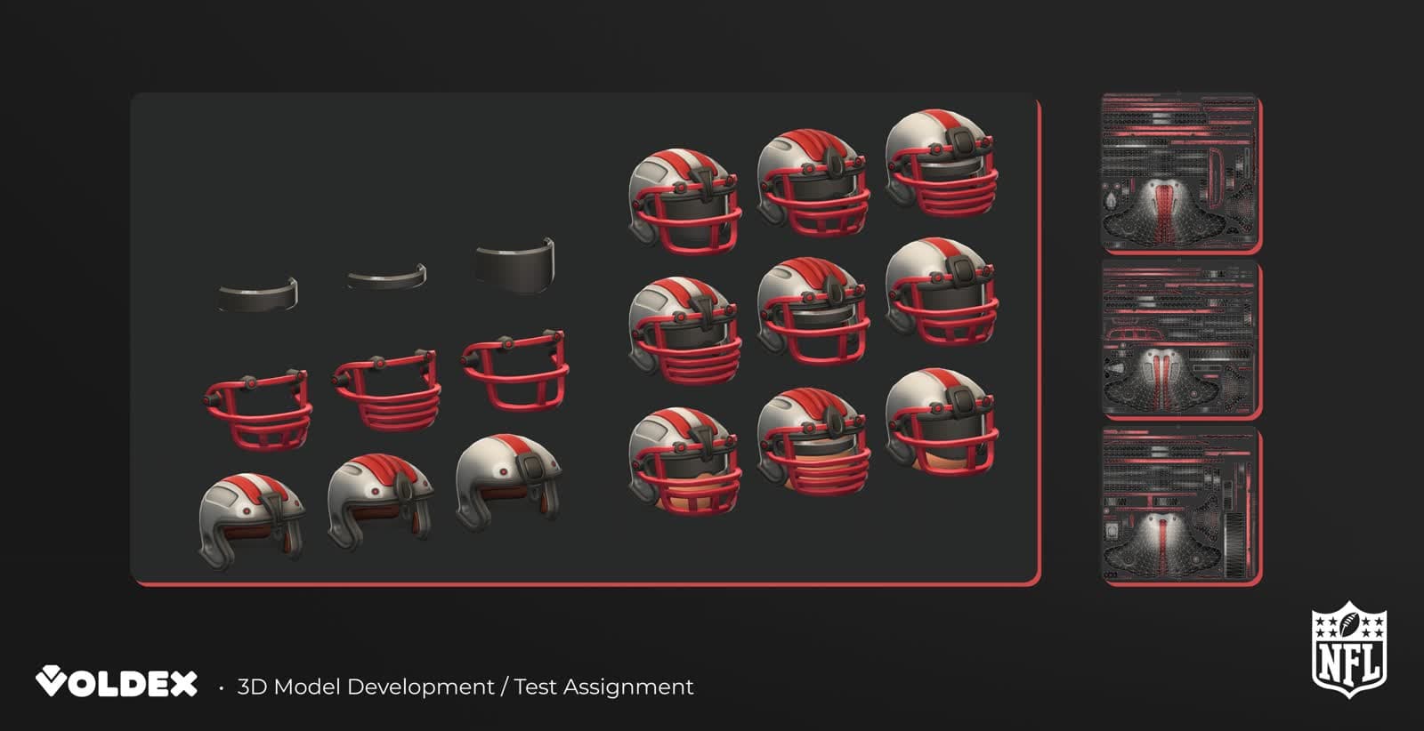 Voldex helmet modular parts: visors, face masks, base shells, full variants, UV layouts